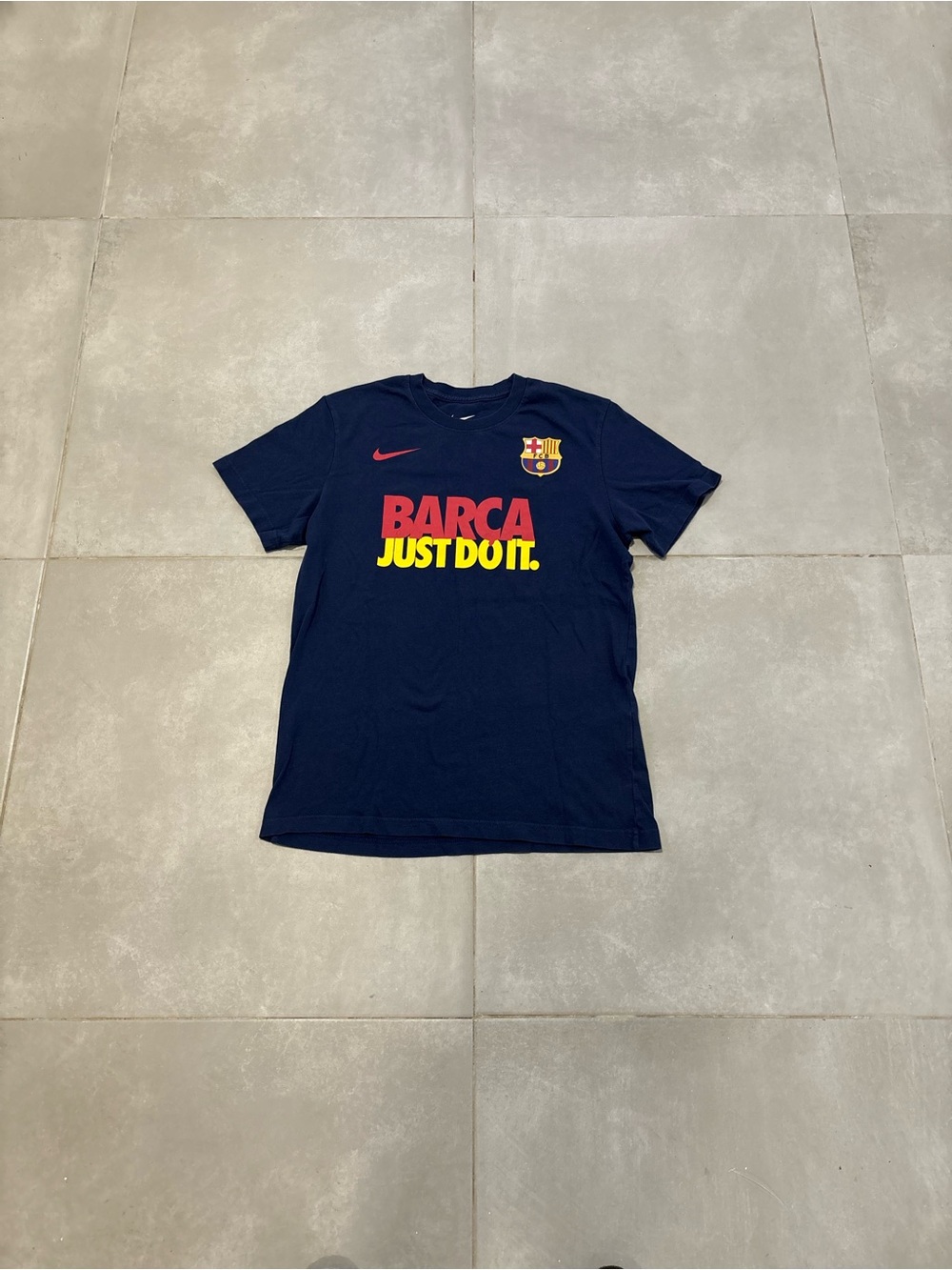 Nike Kids Navy Barcelona 'BARCA JUST DO IT' Tee with Red & Yellow Logo